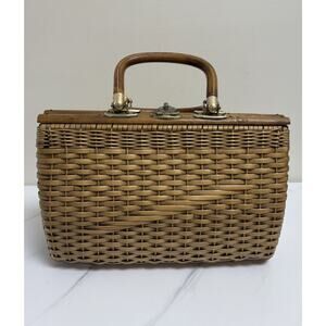 1960s Mid-Century Vintage Wicker Rattan Handbag Bamboo Handle Box Purse Handmade